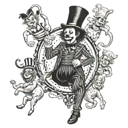 A Surreal Tattoo Of A Goth-inspired Circus Ringmaster Surrounded By Spooky Clown Performers