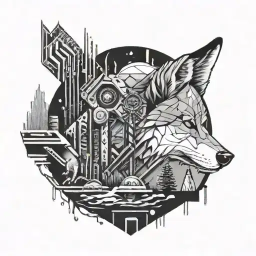 Cyberpunk Style Tattoo Featuring A Wolf And Husky In A Futuristic It Landscape