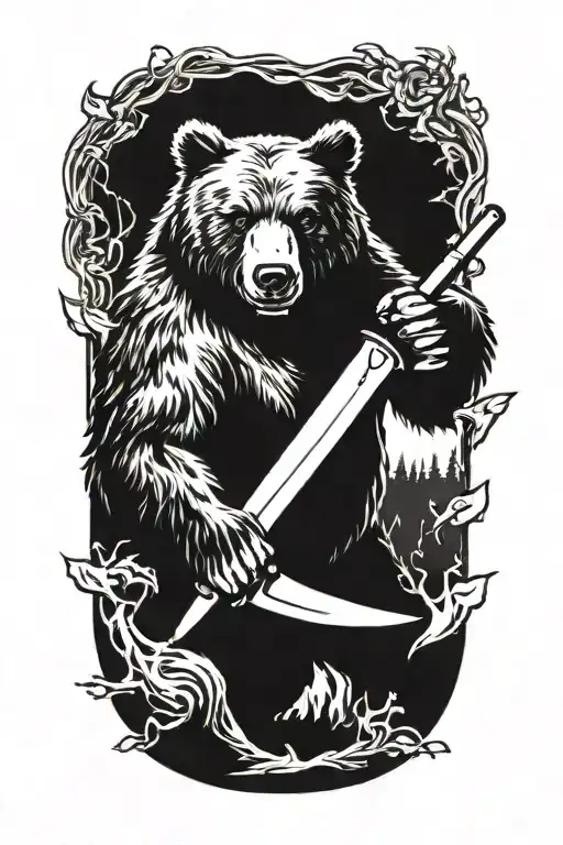 A Menacing Bear Wielding A Sharp Kitchen Knife In A Horror-themed Kitchen Scene