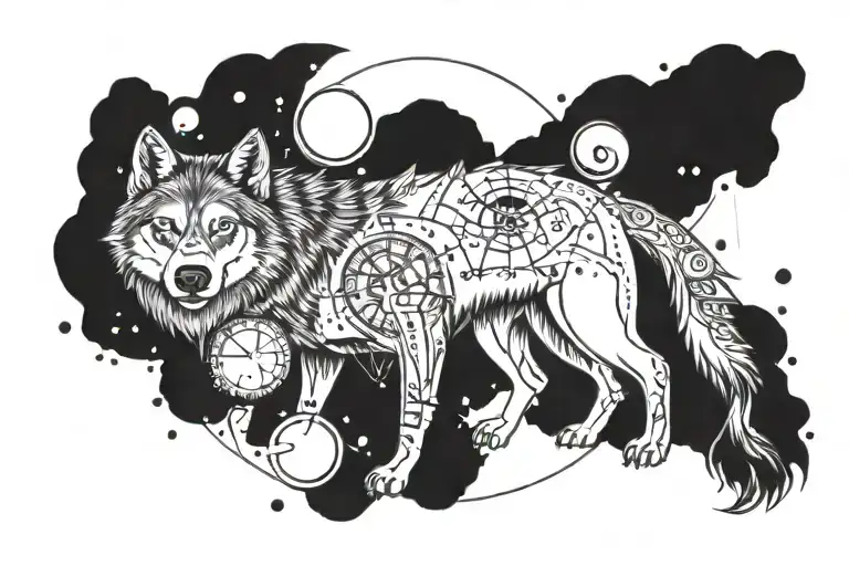 Single Wolf Surrounded By Planets And A Compass