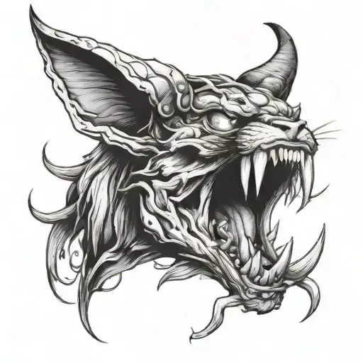 Demon Cat With Horns And Long Tongue And Skull