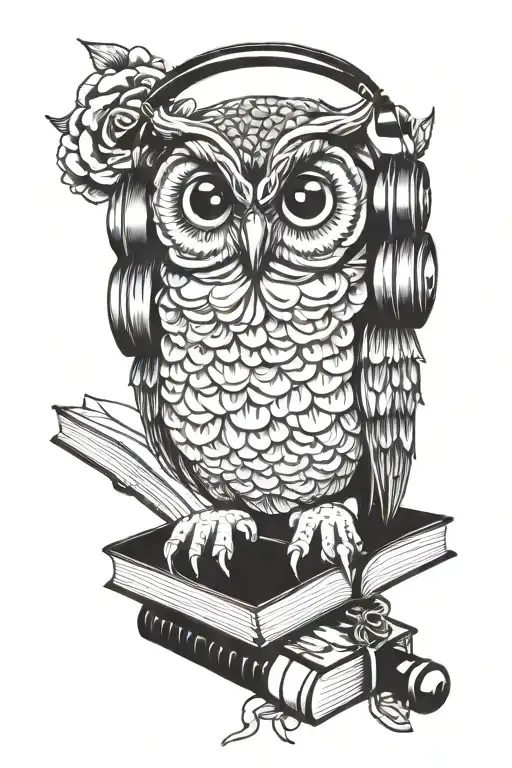 Owl With Headphones On Its Head Sitting On A Book