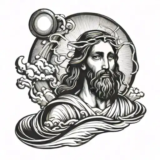 A Stylized Portrait Of Jesus Walking On Water With A Halo Of Light Around His Head
