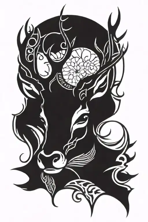 Deer Face Front Dark Black Work Tribal With Half Moon