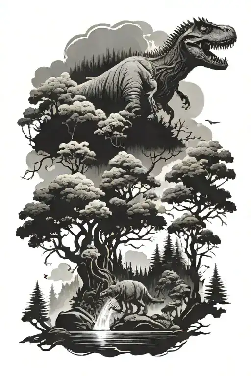 Scary Mist Forest Landscape Dinosaur
