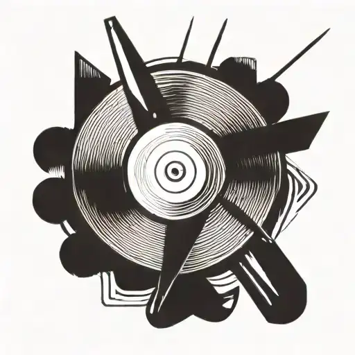 A Blackwork Tattoo Of A Psychedelic Arrow Piercing Through A Vinyl Record
