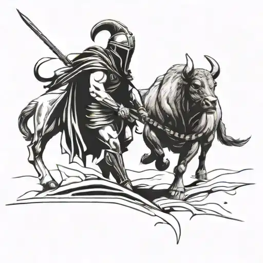 A Minimalist Design Of A Spartan Warrior Facing Off Against A Bull In A Symbolic Battle Of Strength
