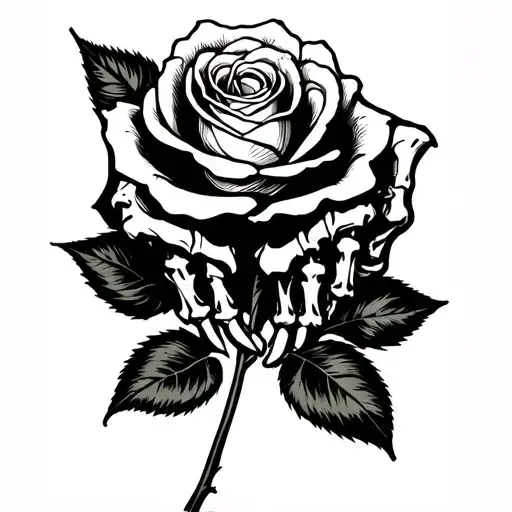 Skeleton's Hand Holding Long Rose With Stem