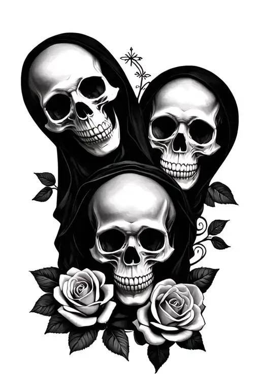 3 Skulls Mother Mary And Roses Surrounded