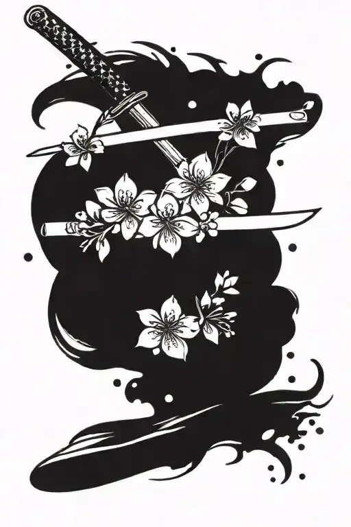 Small Katana And Cherry Blossom Petals Falling