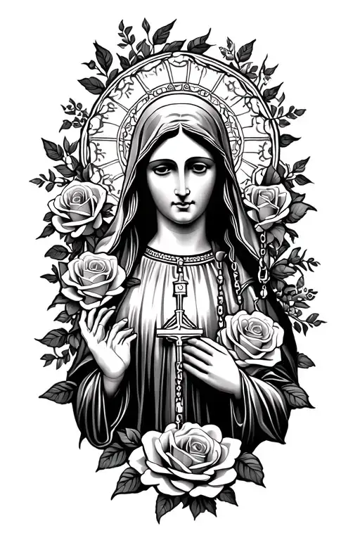 Mother Mary Surrounded By Roses With A Rosary