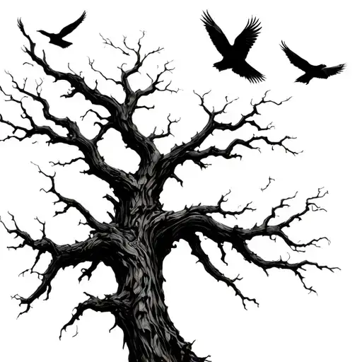 Dead Tree With Ravens Flying Around It