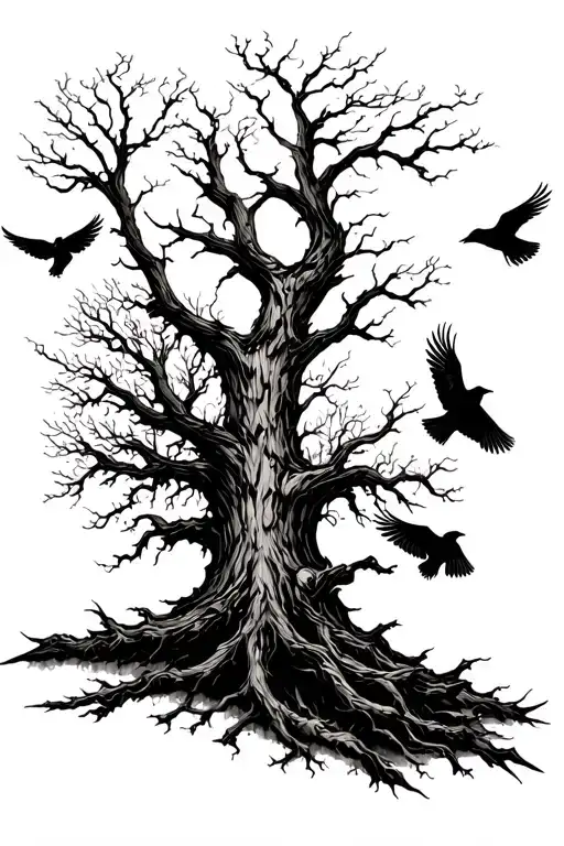 Dead Tree With Ravens Flying Towards The Sun