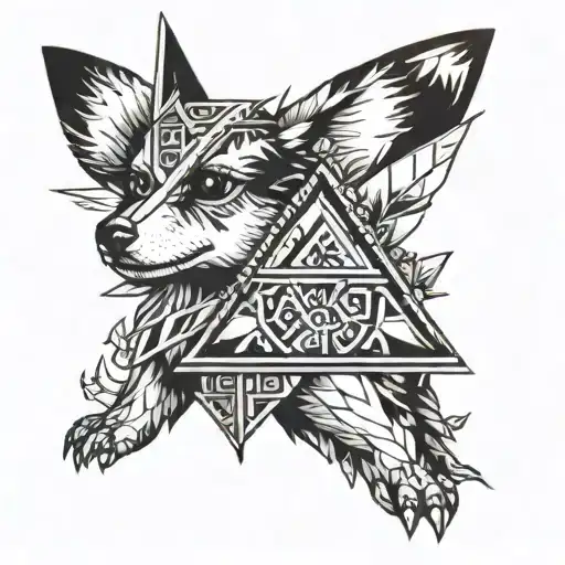 A Blackwork Tattoo Of The Triforce Symbol From Zelda Intertwined With A Pixelated Corgi Fairy