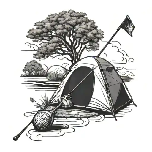 A Golf Club Intertwined With A Tent In A Blackwork Style