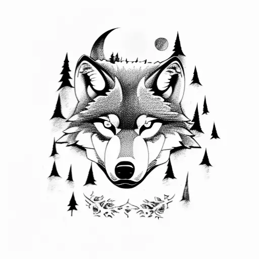 A Wolf With A Forest And Skulls And A Full Moon And Dark