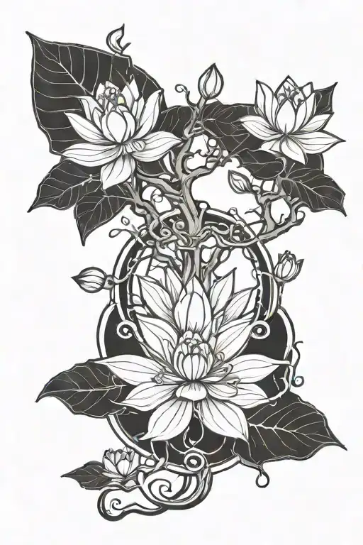 Lotus Tree With Growing Roots And Diyas Around The Base