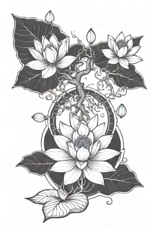 Lotus Tree With Growing Roots And Diyas Around The Base