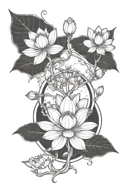 Lotus Tree With Growing Roots And Diyas Around The Base