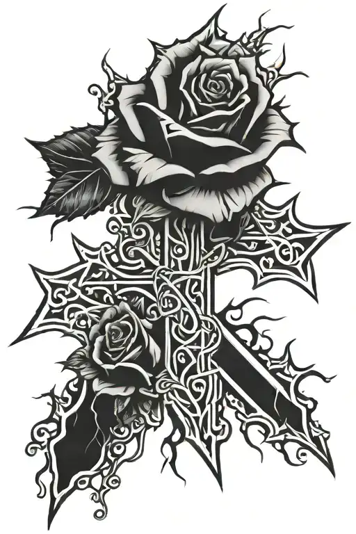 Cross With Crown Thorns And Rose Intertwined Representing The Client's