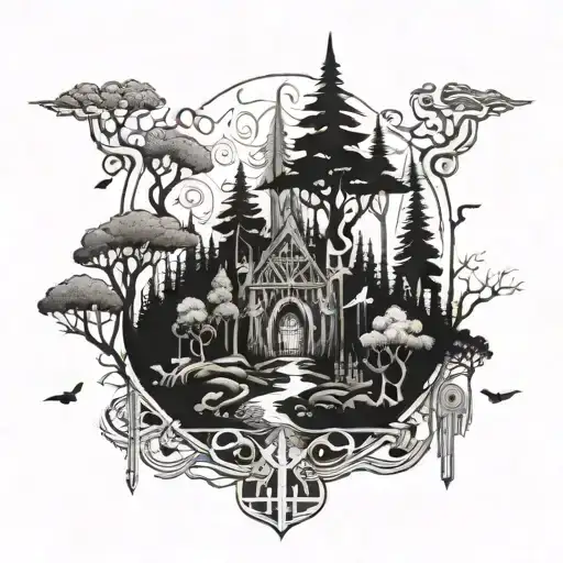 A Mystical Forest Scene With Ornamental Details Intertwined With Legend Of Zelda Elements