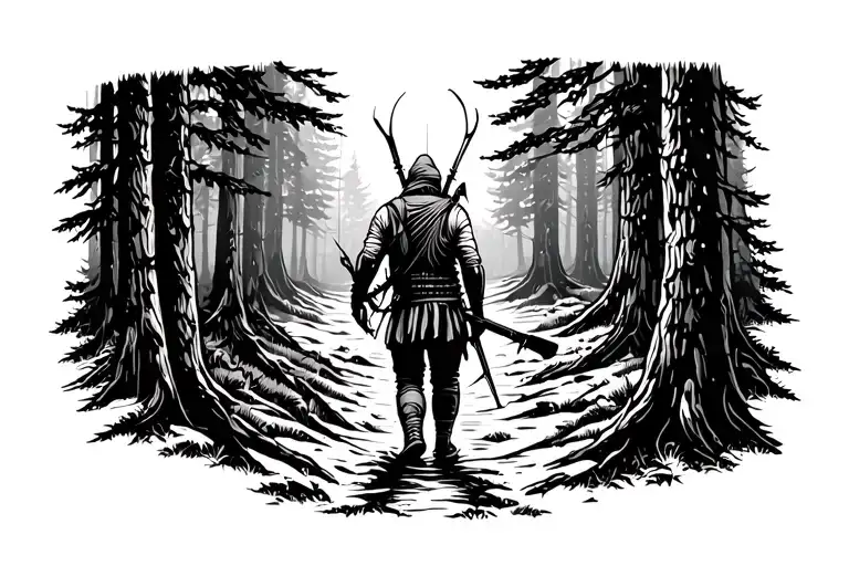 Siloutte Of A Bowhunter Walking Into The Forest Scene