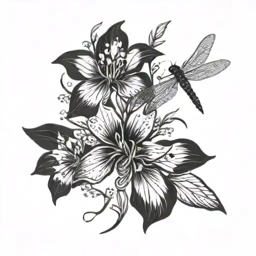 A Dark And Mysterious Blackwork Design Featuring A Larkspur Flower Intertwined With A Dragonfly