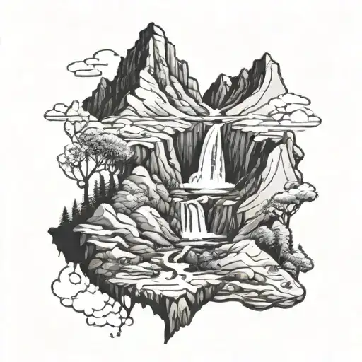 A Detailed Mountain Range With A Winding Trekking Trail Leading Up To A Hidden Waterfall