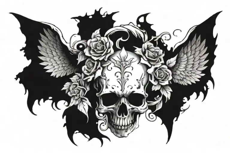 A Skull Surrounded With Angels In The Right And Left Sides