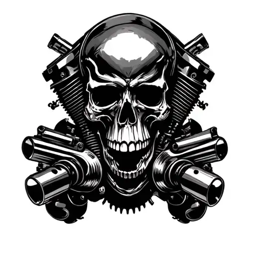 A Motorcycle Engine Morphing Into A Skull With Gun Barrels As Exhaust Pipes