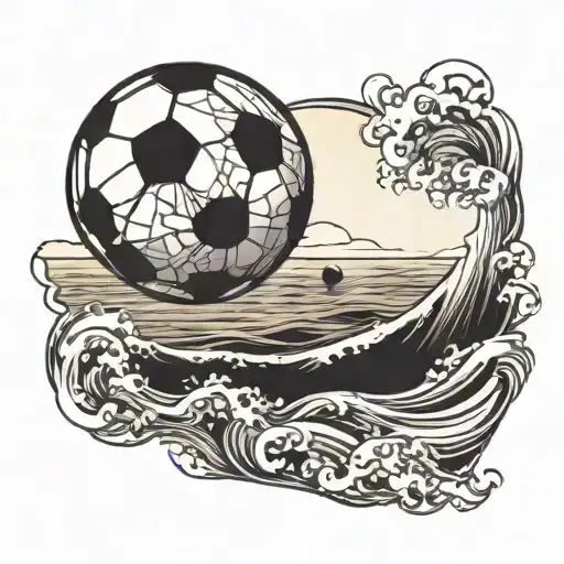 A Blackwork Tattoo Of A Soccer Ball Breaking Through Ocean Waves Under A Setting Sun