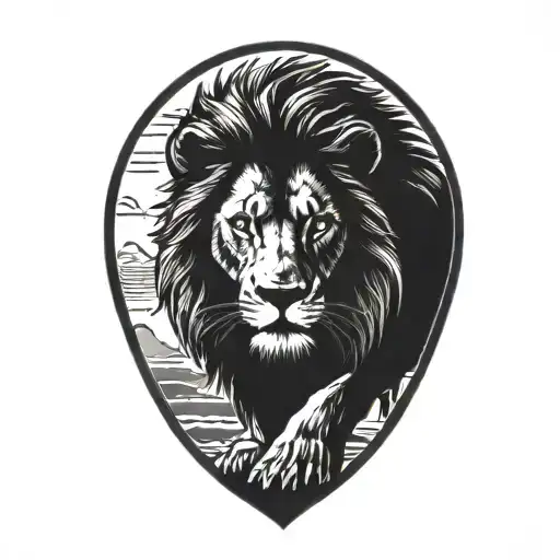 Lion Silhouette Walking Along Horizon In The Background With Sun In Sky