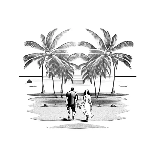 Couple Walking On The Beach Seen Through Palm Trees