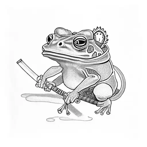 Standing Samurai Frog With Katana Smoking