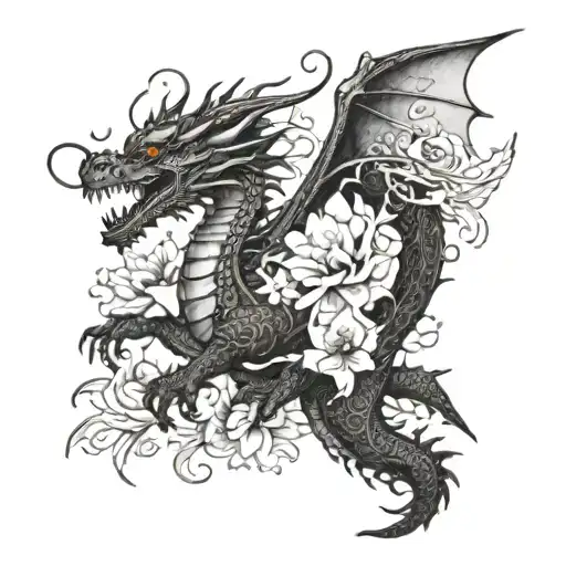 Flying Dragon With Flowers Surroundin