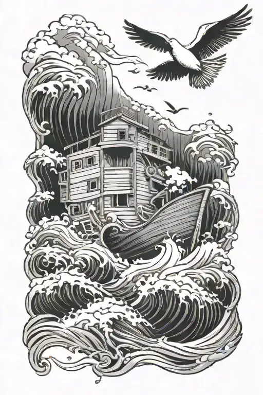 Noah's Ark In Crashing Waves With Dove Flying Away