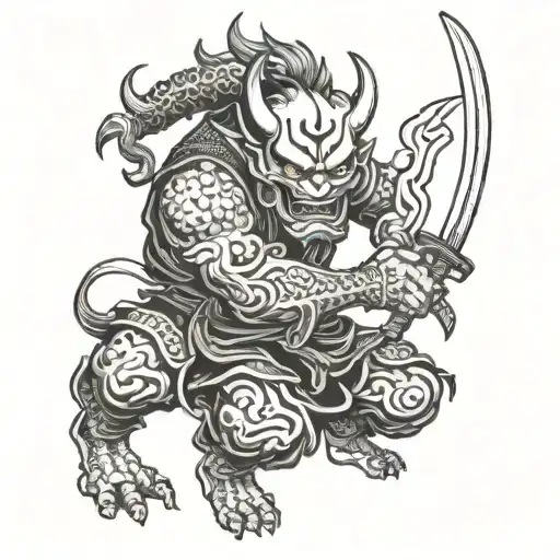 A Fierce Oni Wielding A Katana Sword In A Traditional Japanese Style