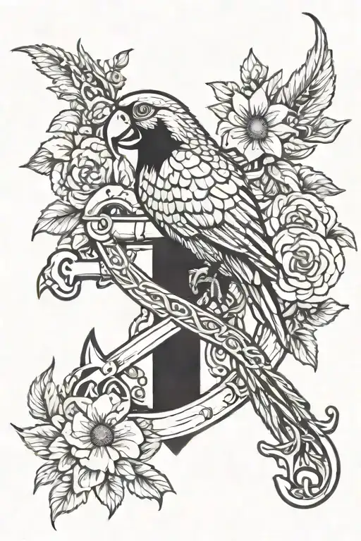 A Pirate Parrot Perched On An Anchor Surrounded By Flowers