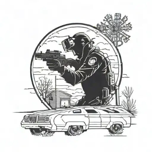 A Blackwork Tattoo Of A Shooting Range Silhouette Scene With A Paramedic Ambulance In The Background