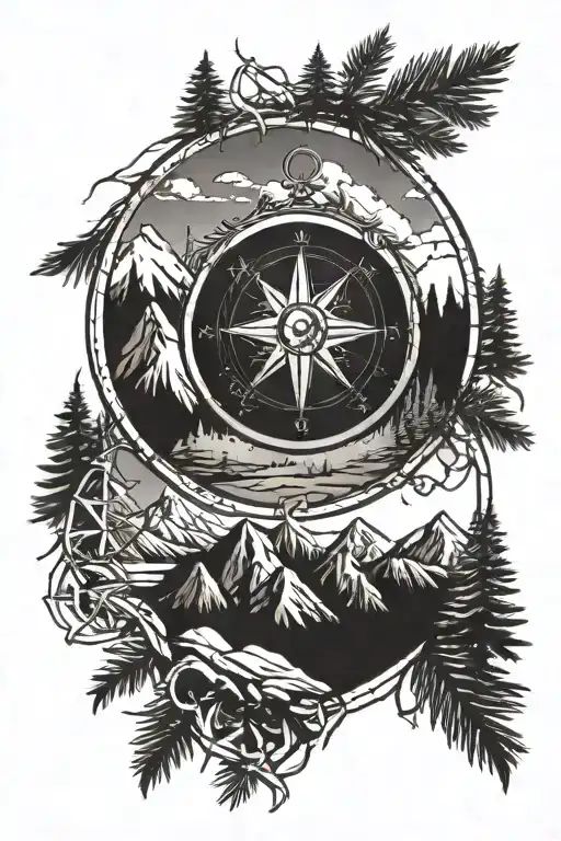 Compass With Mountains And Pine Trees