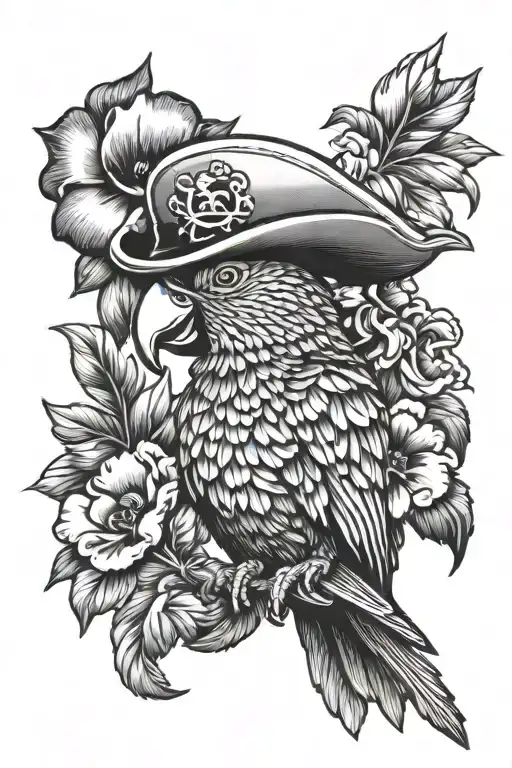 Parrot With Pirate Hat With Anchor And Flower Details Old School