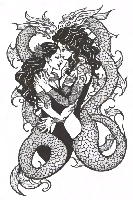 Dragon And Mermaid Holding Each Other