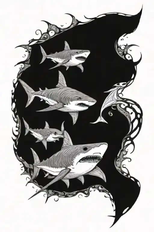 An Intricate Design Featuring A Shark And A Stingray Swimming Together In A Dynamic Pose