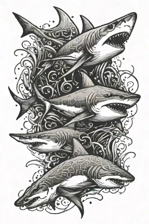 An Intricate Design Featuring A Shark And A Stingray Swimming Together In A Dynamic Pose