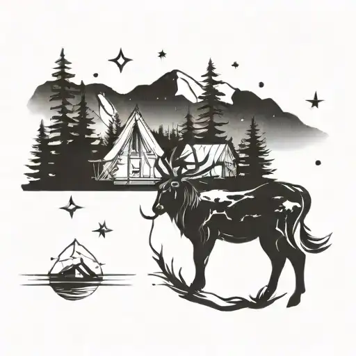 A Constellation Of The Client's Zodiac Sign Intertwined With A Scenic Camping Landscape
