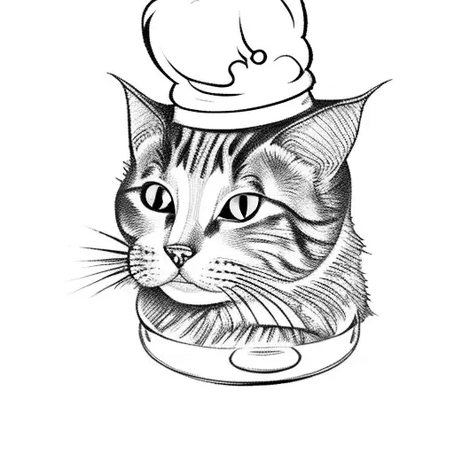 A Whimsical Blackwork Tattoo Of A Cat Chef Cooking A Delicious Meal In A Cozy Kitchen
