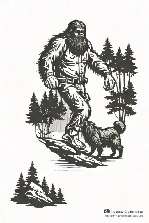 Bigfoot Walking With An Australian Shepherd In The Forest