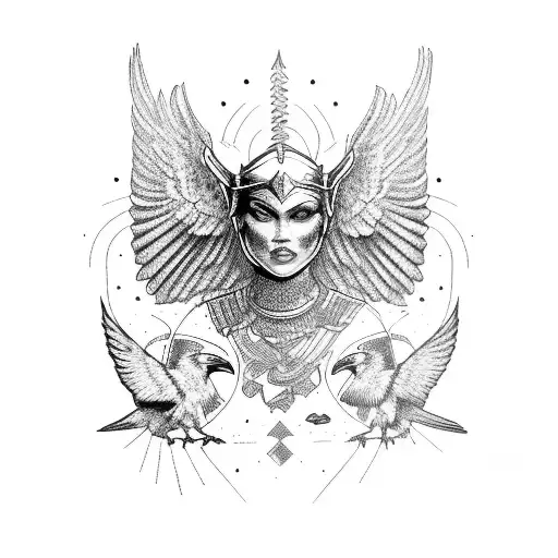 Valkyrie With Ravens In A Blackwork Style