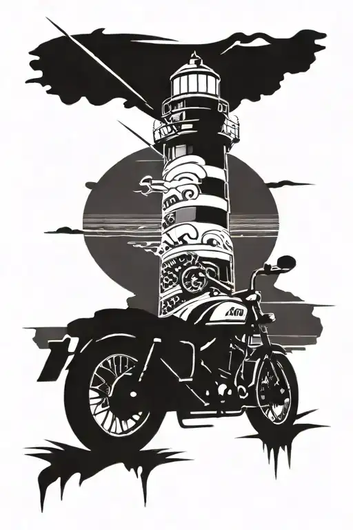 A Stylized Motorbike Silhouette With A Lighthouse In The Background