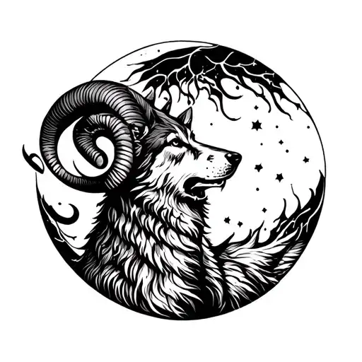 Ram Face And Wolf Howling At The Moon